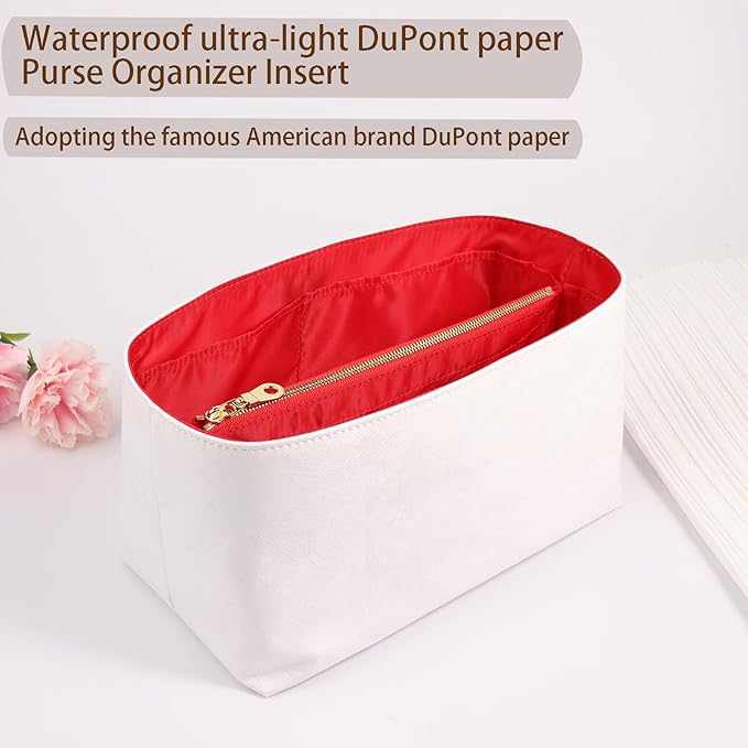 Purse Organizer Insert for handbag，Dupont paper Ultra-Light weight Bag Organizer Insert for LV Speedy 30 Waterproof (Large-white red)