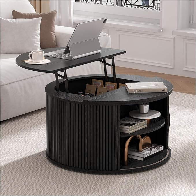 SULIVES Round Coffee Table with Lifting Top, Multifunctional Drum Coffee Table with Sliding Door, Small Fluted Center Table for Living Room, Black