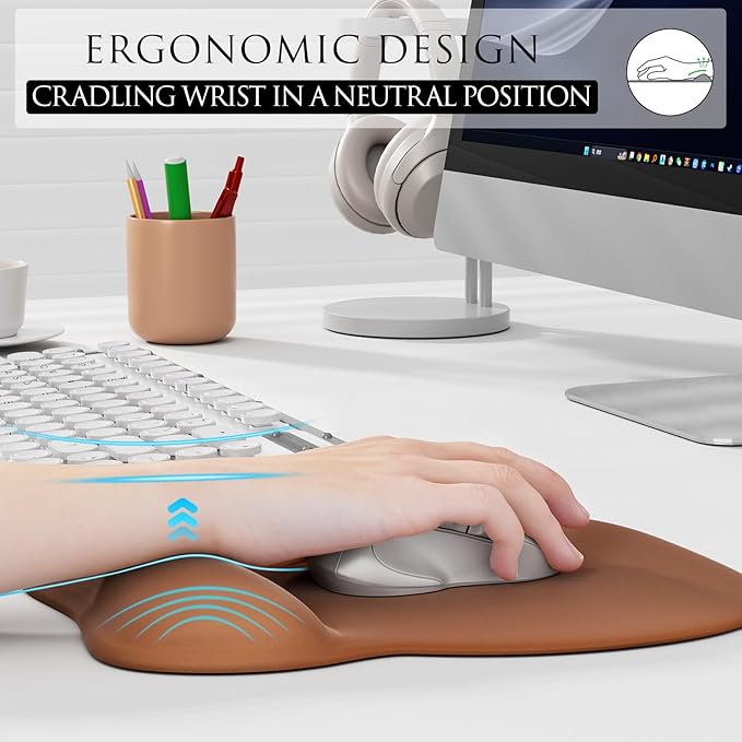 MROCO Ergonomic Mouse Pad with Gel Wrist Rest, 9.4 x 8.1 in, Coffee Brown | Ergonomic Shape Design, Multiple Pattern Options, Gel Wrist Comfort, Smooth Lycra Surface, Non-Slip PU Base