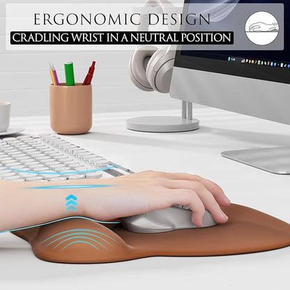 MROCO Ergonomic Mouse Pad with Gel Wrist Rest, 9.4 x 8.1 in, Coffee Brown | Ergonomic Shape Design, Multiple Pattern Options, Gel Wrist Comfort, Smooth Lycra Surface, Non-Slip PU Base