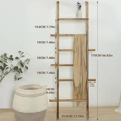 Taozun 67-Inch Wooden Blanket Ladder with Shelf for Living Room - 5-Tier Farmhouse Towels and Quilt Rack Decor - Leaning Wall Display Holder for Blankets and Throws