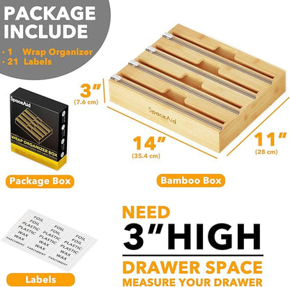 SpaceAid WrapNeat 4 in 1 Wrap Organizer with Cutter and Labels, Plastic Wrap, Aluminum Foil and Wax Bamboo Dispenser for Kitchen Storage Organization Holder for 12" Roll (Natural, 4-Slot)