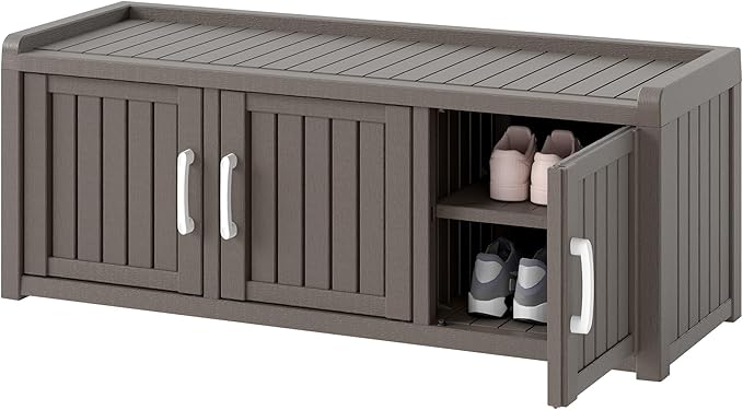 NUNU LAB Shoe Storage Cabinet, Waterproof Shoe Organizer with Adjustable Shelves, UV-Resistant Entryway Shoe Cabinet Bench with 3 Barn Doors for Indoor Outdoor, Foyer, Hallway, Living Room,Grey