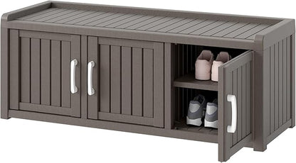 NUNU LAB Shoe Storage Cabinet, Waterproof Shoe Organizer with Adjustable Shelves, UV-Resistant Entryway Shoe Cabinet Bench with 3 Barn Doors for Indoor Outdoor, Foyer, Hallway, Living Room,Grey