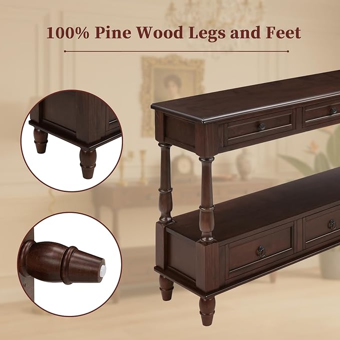 Vintage Solid Wood Console Table with 6 Drawers - 54" Hallway Sofa Table with Bottom Shelf for Entrance, Living Room & Foyer, Espresso