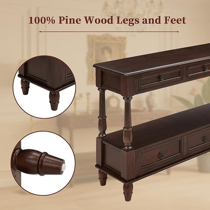 Vintage Solid Wood Console Table with 6 Drawers - 54" Hallway Sofa Table with Bottom Shelf for Entrance, Living Room & Foyer, Espresso