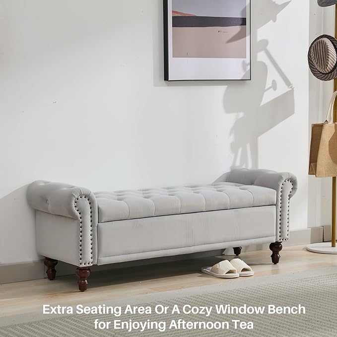 58.1" Storage Bench Upholstered Velvet End of Bedroom Bed Bench Ottoman with Tufted Cushioned Rolled Arm Large Storage Space for Reading Living Room Entryway, Light Grey