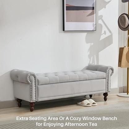 58.1" Storage Bench Upholstered Velvet End of Bedroom Bed Bench Ottoman with Tufted Cushioned Rolled Arm Large Storage Space for Reading Living Room Entryway, Light Grey
