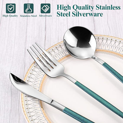 VANVRO Mirror Silver Green Silverware Set, 20-Piece Stainless Steel Flatware Set, Satin Finish tableware Cutlery Set, Service for 4, Home and Restaurant, Dishwasher Safe