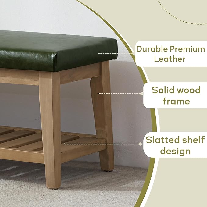 HUIMO Entryway Shoe Bench with Cushion, End of Bed Bench,Upholstered Bench for Kitchen, Bench with Solid Wood Shelf, Leather Ottoman Bench for Hallway, Living Room (PU-Green)