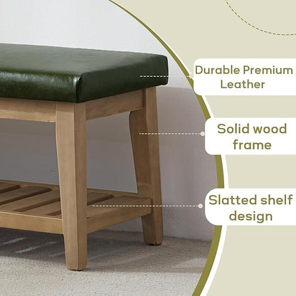 HUIMO Entryway Shoe Bench with Cushion, End of Bed Bench,Upholstered Bench for Kitchen, Bench with Solid Wood Shelf, Leather Ottoman Bench for Hallway, Living Room (PU-Green)