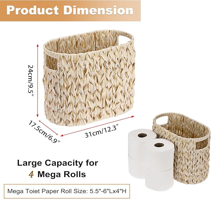 Sumnacon Toilet Paper Storage Basket Freestanding, Wicker Toilet Paper Holder Stand with Handle, Decorative Narrow Bathroom Baskets Sturdy Plastic Organizer Bin for Tissue Rolls, Toiletries, Towels