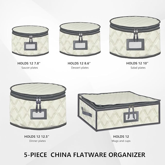 5 Pack China Storage Containers Set (Beige) - Sturdy Quilted Wine Glass & Dish Storage with Dividers - Compact Size