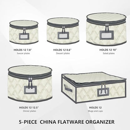 5 Pack China Storage Containers Set (Beige) - Sturdy Quilted Wine Glass & Dish Storage with Dividers - Compact Size