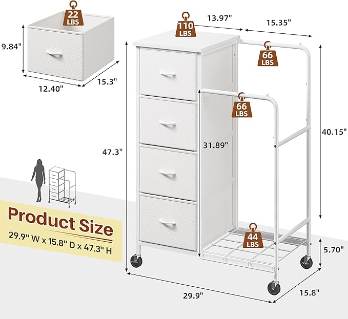 47.3" H Dresser with Hanging Rack, 4 Fabric Drawers with Double Clothes Rack & Wheels, Tall Closet Organizer Dresser for Bedroom, Entryway, White, 15.8" D x 29.9" W x 47.3" H