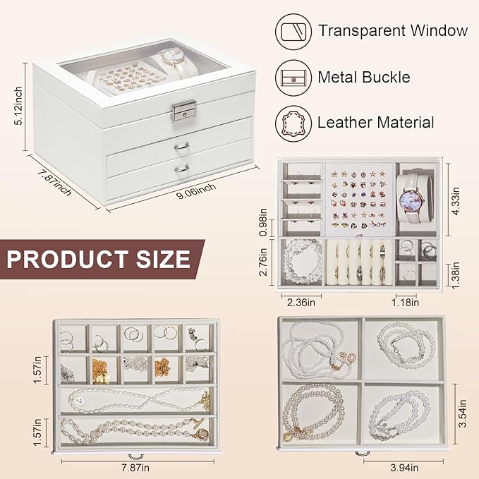 Yoobao Jewelry Boxes for Women with Transparent Lid, 3 Layers Jewelry Organizers and Storage for Necklaces Earrings Bracelets Rings, Ideal Present for Christmas Thanksgiving Birthday Mother's Day
