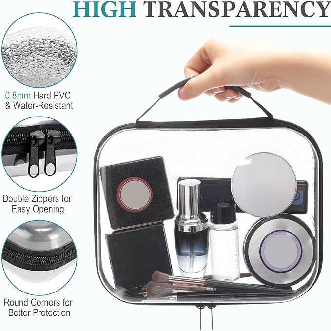 Sanwuta 4 Pcs Clear Hard Zipper Case with Handle Office Storage Cases Hard Plastic Pouches Transparent Bins for Crafts, Snacks, Cosmetics, Puzzles(9.8 x 7.9 x 2 Inches,Black)