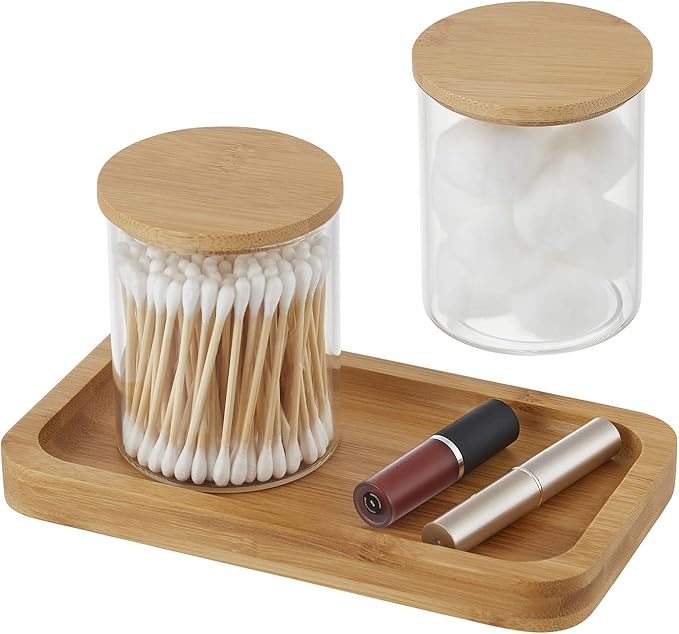 INIUNIK Glass Qtip Holder with Vanity Tray, Apothecary Jars Bathroom Accessories Bathroom Canisters Organizer Countertop Q Tip Holder for Cotton Ball Round Swab Pad Hair Ties Floss Perfume Jewelry