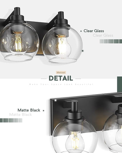 Bathroom Light Fixtures, 2 Light Matte Black Vanity Light, Modern Wall Sconces with Clear Glass Globe Shade, Bathroom Wall Lights Over Mirror Kitchen Bedroom Hallway, VL195-MB-2