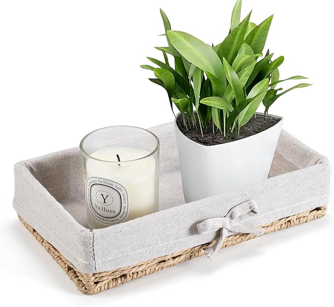 Bathroom Tray Wicker Toilet Paper Basket Toilet Tank Trays for Countertop Storage Behind Bathroom Tray Organizer Toilet Tank Top Basket Suitable for Any Home Décor Style (9.8x5.9x2.36 In, Beige)
