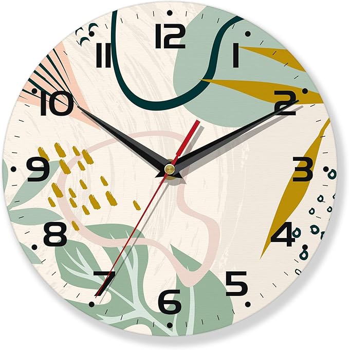 Wall Clocks,Boho Wall Clock Decorative,Abstract Leaf Kitchen Wall Clocks Battery Operated - 10 Inch Round Bathroom Wall Clock Silent Non-Ticking