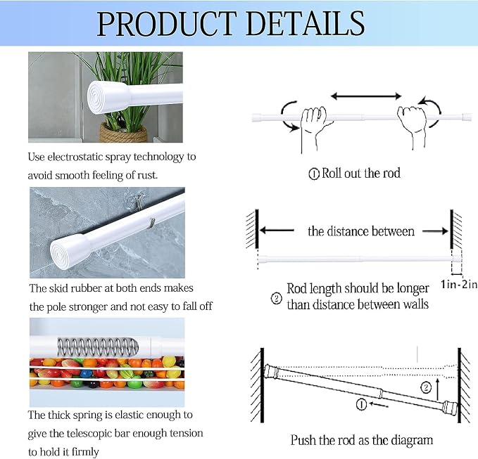 AIZESI Spring Tension Rods Adjustable Tension Curtain Rod Small Tension Rod No Drilling Expandable Spring Loaded Curtain Tension Rod（White,18" to 28"-4Pcs)