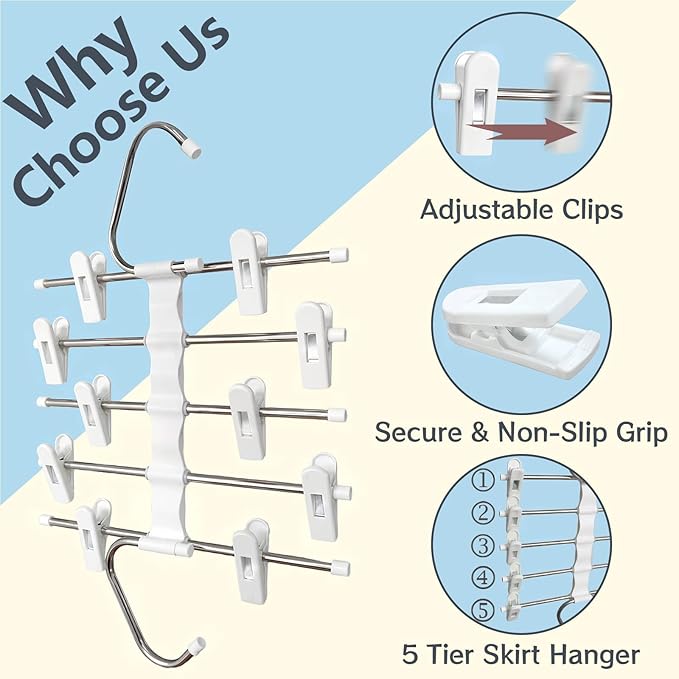 Skirt Hangers Pants Hangers Space Saving with Clips - 2 Pack - Space Saving Metal Closet Organizer for Shorts, Skirts, and Pants - Closet Organizer and Storage for Pants Jeans Skirts Legging