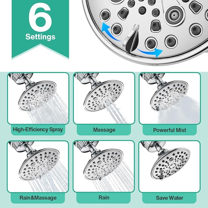 Cobbe 6-Setting High Pressure Filtered Shower Head Combo, Detachable Rain Shower Head with 20 Stage Shower Head Filter for Hard Water - Remove Chlorine and Harmful Substances, Chrome