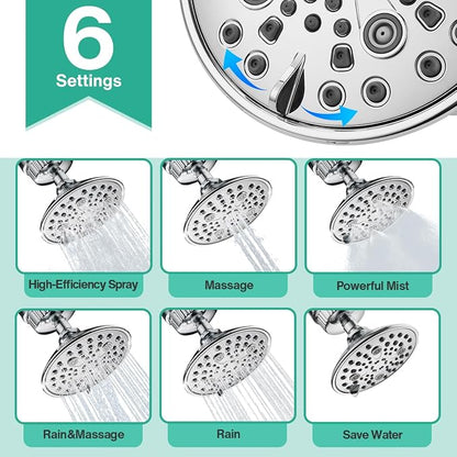Cobbe 6-Setting High Pressure Filtered Shower Head Combo, Detachable Rain Shower Head with 20 Stage Shower Head Filter for Hard Water - Remove Chlorine and Harmful Substances, Chrome