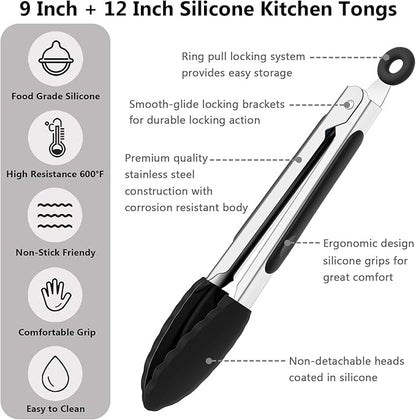 IOCBYHZ Kitchen Tongs for Cooking with Non-Stick Silicone Tips, 600°F Heat Resistant Silicone Cooking Food Tong Set Heavy Duty Stainless Steel Handle for Baking Grilling BBQ Salad Serving, 9" and 12"