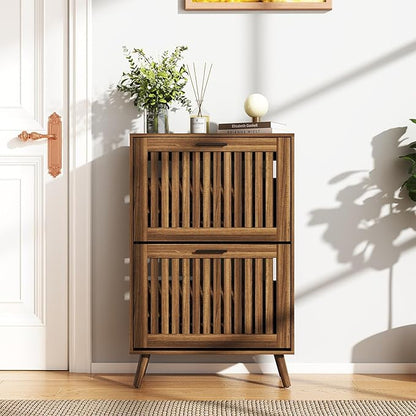 Vibe & Dine Shoe Cabinet with 2 Flip Drawers, Walnut Shoe Storage Cabinet for Entryway Slim, Free Standing Shoe Rack Organizer with Hollowed Doors for Hallway, Bedroom