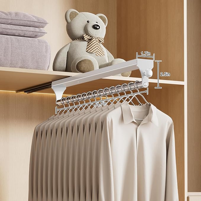 2 Pack Pull Out Closet Rod, 13.7inch Heavy Duty Pants Rack, Adjustable Clothes Hanger Rail, Space Aluminum Valet Rod, Top Mounted Wardrobe Clothes Organizer, Closet Storage for Trousers Coats White