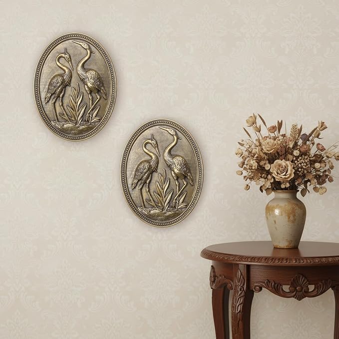 Vintage Crane Wall Sculpture 2 Pack, Crane Wall Art, Antique Wall Decor, Hand Painted Wall Decoration with Embossed Couple Bird Design, Gold Wall Decor for Living Room Bedroom Dining Room,Housewarming Gift(Gold Cranes)