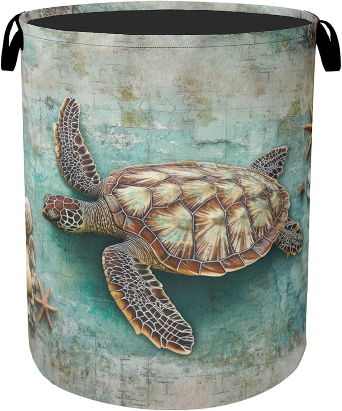 Retro Map Turtle Large Clothes Hamper Bag - Laundry Basket with Handles, Space Saving Foldable Design for Nursery