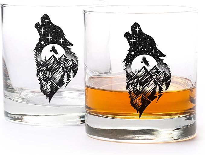 Black Lantern Wolf and Forest Whiskey Glass Set Set of 2 11oz Heavy Base Glasses | Nature-Themed Gift for Outdoor & Wildlife Lovers