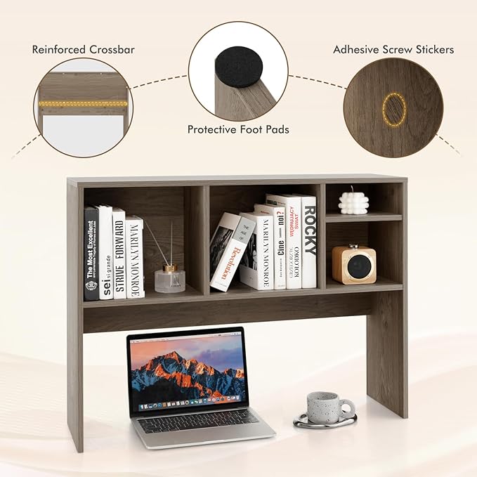 Desk Hutch, Desktop Shelf with 4 Shelves, Desk Bookshelf w/Anti-Toppling Devices, Wood Table Top Bookshelf Organizer, Small Desk Shelf for Study, Office, Dorm (Grey, 4 Shelves)