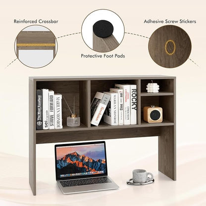 Desk Hutch, Desktop Shelf with 4 Shelves, Desk Bookshelf w/Anti-Toppling Devices, Wood Table Top Bookshelf Organizer, Small Desk Shelf for Study, Office, Dorm (Grey, 4 Shelves)