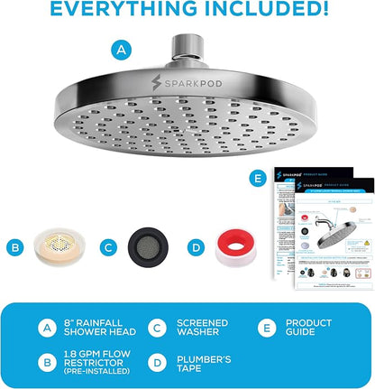 SparkPod Rain Shower Head, 8 Inch Round | High Pressure Shower Heads, 90 Nozzle (Touch-to-Clean), Adjustable Showerhead, No-tool Universal Connection