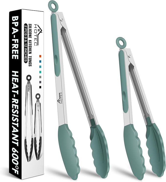 HOTEC Premium Stainless Steel Locking Kitchen Tongs with Silicon Tips, Set of 2-9" and 12", Sage Green