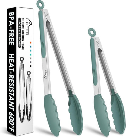 HOTEC Premium Stainless Steel Locking Kitchen Tongs with Silicon Tips, Set of 2-9" and 12", Sage Green