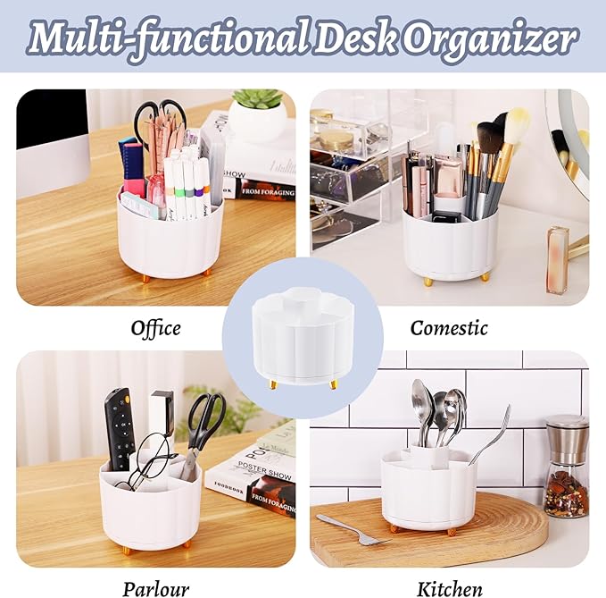 Pencil Holder for Desk 360 Rotating, Pen Holder for Desk or Classroom, Pencil Cup & Pen Organizer, Rotating Caddy, Makeup Brush Holders with 6 Slots, White
