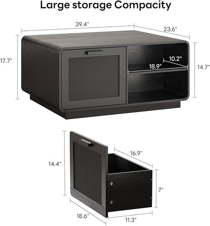 LIKIMIO 39.4" Rattan Coffee Table with Storage Drawers, Safety Curved Corners & 4-Tier Adjustable Shelves, Sturdy Base, Wood Center Table for Living Room, Black