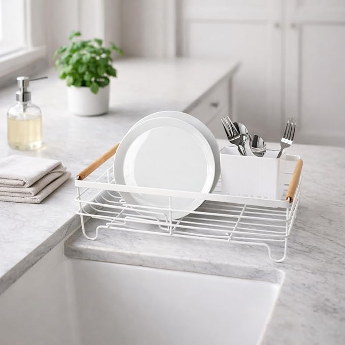 Oggi Large Dish Drying Rack - White & Bamboo Dish Drying Rack, Drying Rack Kitchen, Dish Rack, Dish Racks for Kitchen Counter, Durable Coated Metal Kitchen Drying Rack with Cutlery Holder