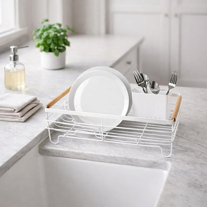 Oggi Large Dish Drying Rack - White & Bamboo Dish Drying Rack, Drying Rack Kitchen, Dish Rack, Dish Racks for Kitchen Counter, Durable Coated Metal Kitchen Drying Rack with Cutlery Holder