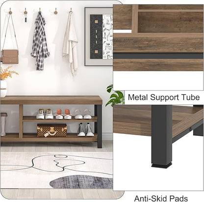 FOLUBAN Shoe Storage Bench, Industrial Entryway Bench, Modern Indoor Wood and Metal Shoe Rack Bench Seat for Bedroom, Hallway, Living Room, Rustic Oak, 47 Inch