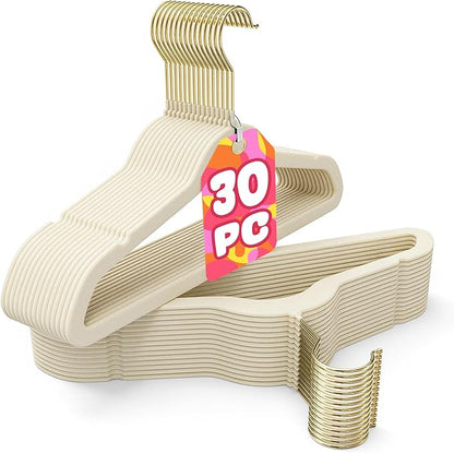 Korpai 30 Pack Kids Velvet Hangers 14 Inch, Non-Slip, Ultra Slim,Space-Saving Kids Hangers with 360° Swivel Hook, 7LBS Capacity, Kids Clothes Hangers Ideal for Youth's Dresses/Shirts/Coats, Beige