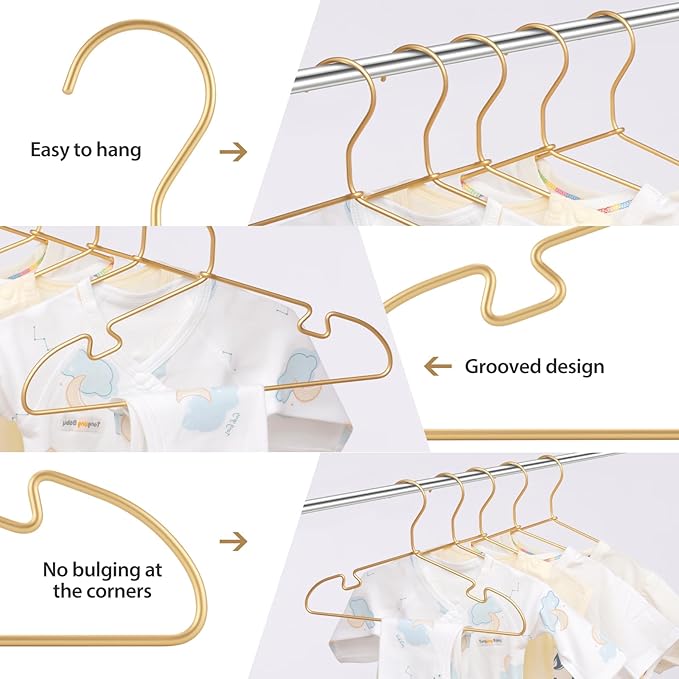 VWV Gold Aluminum Hanger, 30 Pack Baby Hanger，12.6 Inch Children Baby Hanger, Sturdy Metal Children Clothes Hanger for Wardrobe, Space-Saving Toddler Hanger