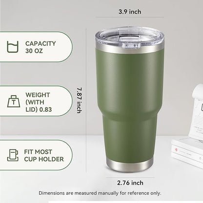 30 oz Tumbler with Lid Stainless Steel Tumblers Vacuum Insulated Cup Reusable Powder Coated Travel Mug Double Wall Leak Proof Portable Cups Keep Cold Drinks for 12 Hours, Army Green, 1 Pack