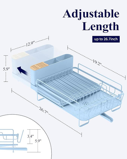 Kitsure Large Dish Drying Rack - Extendable Dish Rack, Multifunctional Dish Rack for Kitchen Counter, Anti-Rust Dish Drainers with Cutlery & Cup Holders 19.2"-26.7" L x 12.9" W, Blue