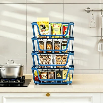 GAOKASE 4 Pcs Stackable Wire Baskets for Pantry Organizers and Storage,Vegetable Fruit Basket for Countertop,Kitchen Storage Metal Baskets,Produce Potato Onion Storage Bin,blue